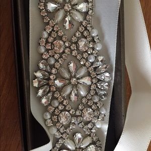 Bridal Sash ivory ribbon pearls & rhinestones
